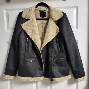 NWOT Miss London Black Label Women's Black and Cream Shearling Jacket Size M